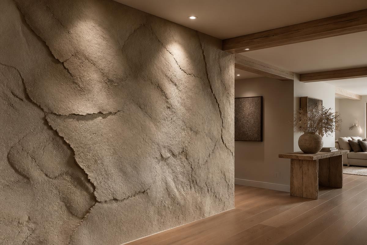 Mur intérieur avec enduit décoratif effet roche
